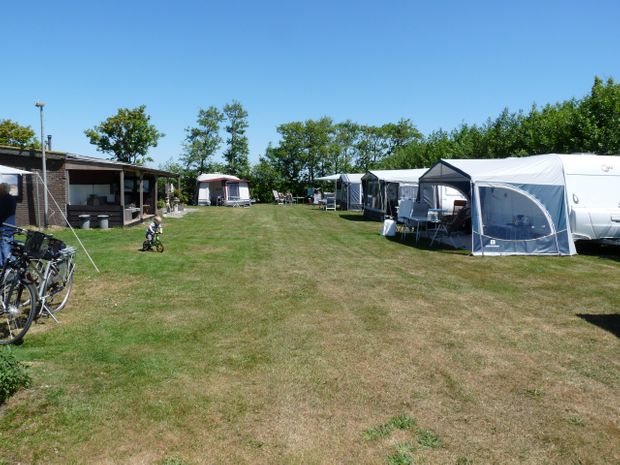 Rij caravans met voortenten langs het grasveld